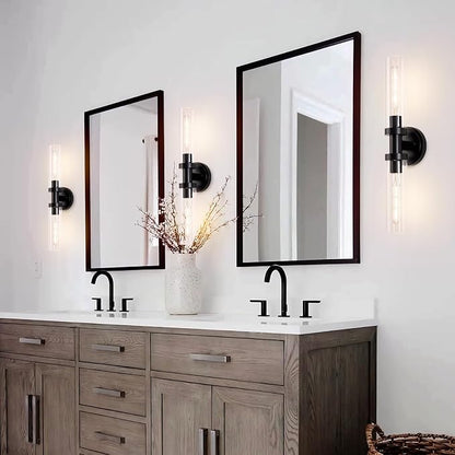 Black Sconces Wall Lighting, Bathroom 2-Light Vanity Light W/Clear Glass Shade, Modern Wall Mounted Lights for Mirror, Makeup Vanity, Kitchen, Washroom, Hallway, E26 T10 Bulbs(Excluded)