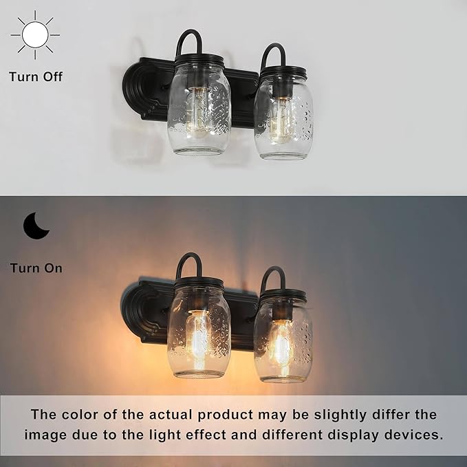 LALUZ Bathroom Vanity Light Fixtures, 2-Light Black Mason Jar Vanity Lights for Bathroom, 14'' Farmhouse Rustic Bathroom Lights Over Mirror