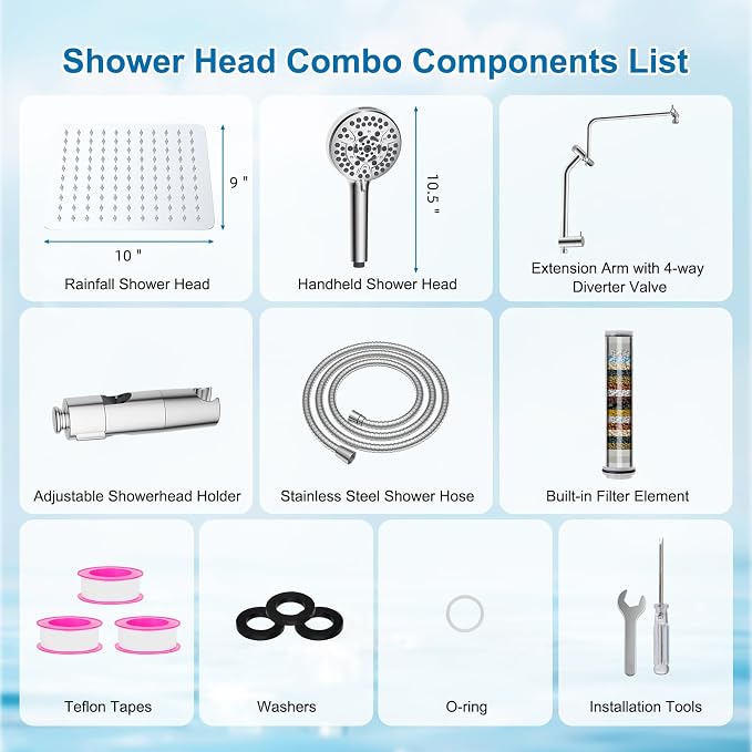 Metal 10" Rain Showerhead with 10-Spray Filter Handheld, 4-way Diverter | Chrome Finish, NSF/ANSI/CAN 372 Certified, High Pressure Shower Head with Pause Mode, 71" Stainless Steel Hose/12" Shower Arm