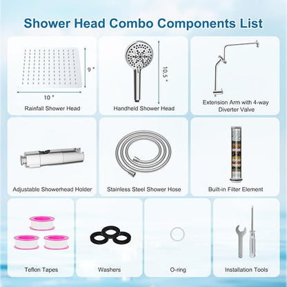 Metal 10" Rain Showerhead with 10-Spray Filter Handheld, 4-way Diverter | Chrome Finish, NSF/ANSI/CAN 372 Certified, High Pressure Shower Head with Pause Mode, 71" Stainless Steel Hose/12" Shower Arm