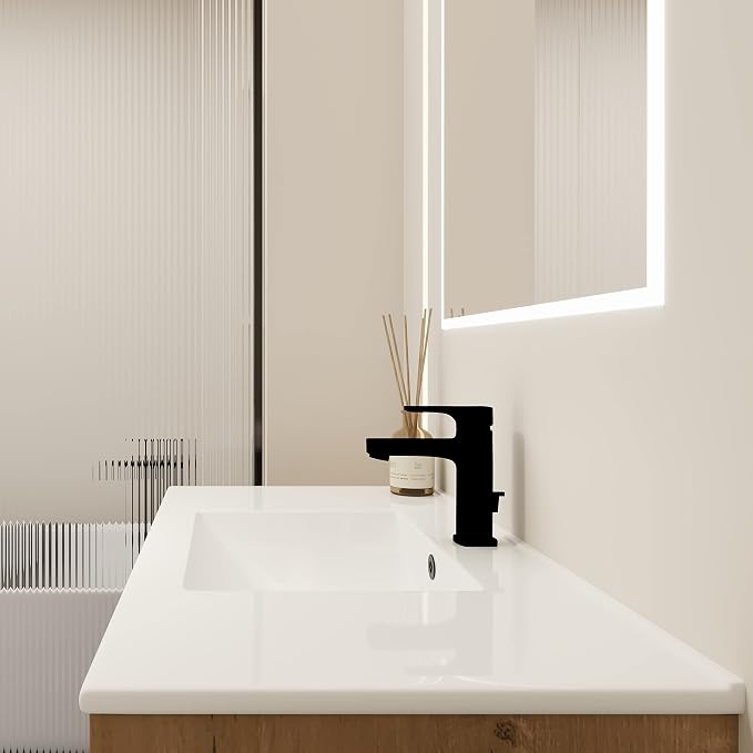 2-in-1 Wall Mounted & Free Standing Bathroom Vanity with Sink Modern 36" Bathroom Vanity with Top Basin&Storage Cabinet Brown Oak Wood Bath Vanity w/Ceramic Sink for Small Space-Legs Removable