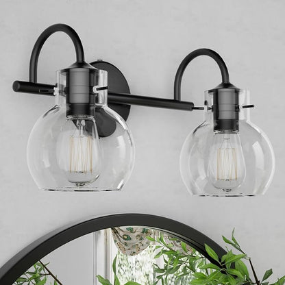 2 Lights Bathroom Vanity Light Fixtures Over Mirror, Matte Black Modern Wall Sconce with Clear Globe Glass Shades, E26 Base, Damp Rated for Bathroom Bedroom Living Room Hallway