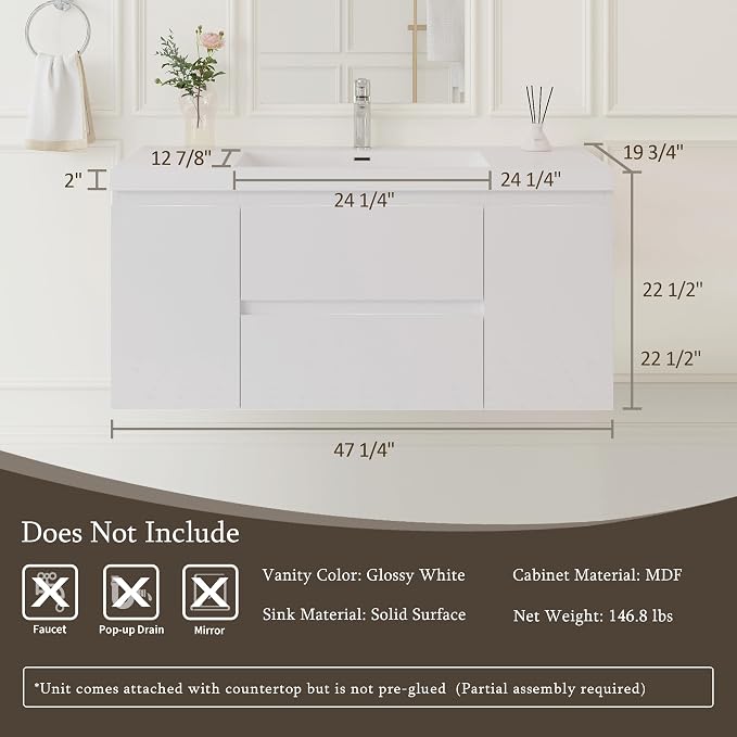 48 Inch Floating Bathroom Vanity with Sink, Large Storage Wall Mounted Floating Vanity with Soft Close Drawers, One-Piece Basin Bathroom Sink Cabinet (Glossy White, 48 Inch)
