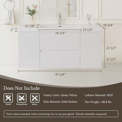 48 Inch Floating Bathroom Vanity with Sink, Large Storage Wall Mounted Floating Vanity with Soft Close Drawers, One-Piece Basin Bathroom Sink Cabinet (Glossy White, 48 Inch)