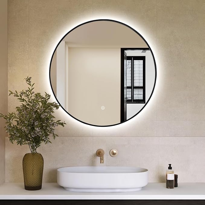 Niccy Round LED Bathroom Mirrors, Black Framed Backlit Vanity Mirror, 24" | LED Smart Circle Mirror with 3 Color Lighting, Anti-Fog Lighted, IP65 Waterproof, Wall Mounted Bathroom Vanity