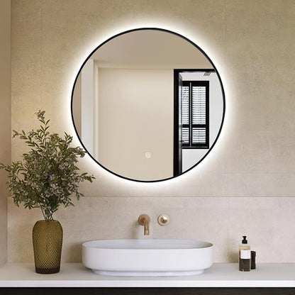 Niccy Round LED Bathroom Mirrors, Black Framed Backlit Vanity Mirror, 24" | LED Smart Circle Mirror with 3 Color Lighting, Anti-Fog Lighted, IP65 Waterproof, Wall Mounted Bathroom Vanity