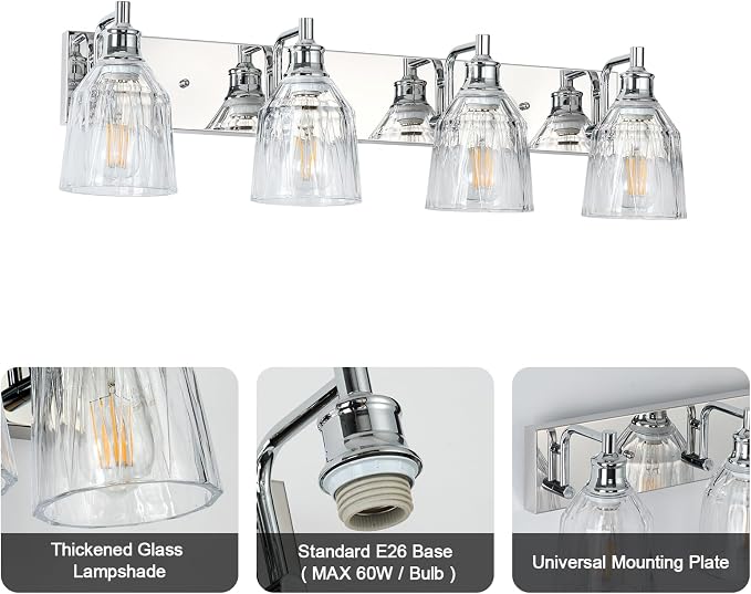 4 Light Bathroom Light Fixtures Modern Chrome Vanity Lights for Bathroom Lighting Fixtures Over Mirror with Thickened Glass Shade for Cabinet Mirror Bedroom Hallway