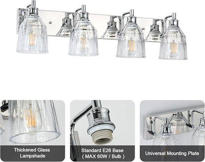 4 Light Bathroom Light Fixtures Modern Chrome Vanity Lights for Bathroom Lighting Fixtures Over Mirror with Thickened Glass Shade for Cabinet Mirror Bedroom Hallway