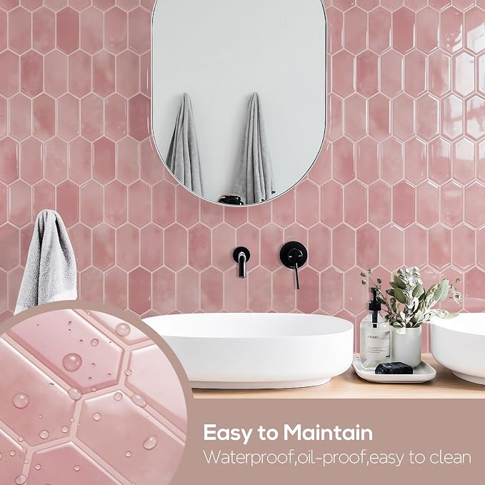 Vamos Tile Thicker Design Long Hexagon Peel and Stick Backsplash Tile | 10-Sheet Pink with Pink Grout Self Adhesive Wall Tiles Stick On Backsplash for Kitchen Bathroom RV Fireplace
