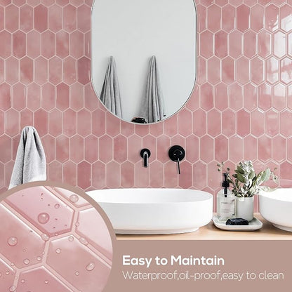Vamos Tile Thicker Design Long Hexagon Peel and Stick Backsplash Tile | 10-Sheet Pink with Pink Grout Self Adhesive Wall Tiles Stick On Backsplash for Kitchen Bathroom RV Fireplace