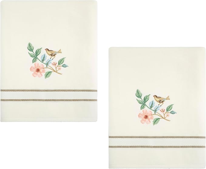 Avanti Linens – Bath Towels, Ringspun Cotton Velour with Embroidered Bird & Floral Design, Striped Border Detail, Set of 2 (Pretty Birds)