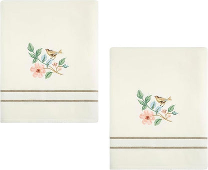 Avanti Linens – Bath Towels, Ringspun Cotton Velour with Embroidered Bird & Floral Design, Striped Border Detail, Set of 2 (Pretty Birds)