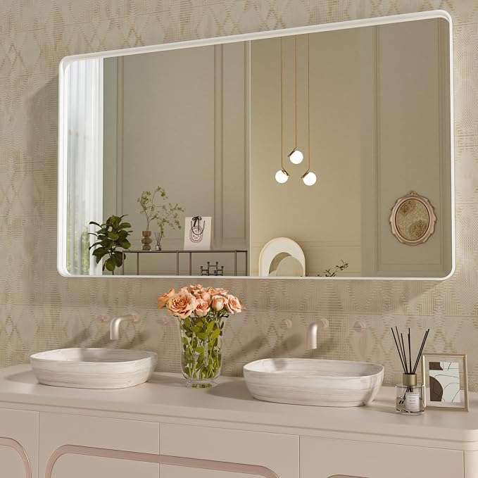 WEER White Metal Framed Bathroom Mirror 55x30 Inch | Rounded Rectangle, Matte White Framed, Tempered Glass, Anti-Rust, Hangs Horizontally or Vertically