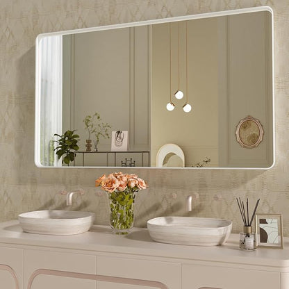 WEER White Metal Framed Bathroom Mirror 55x30 Inch | Rounded Rectangle, Matte White Framed, Tempered Glass, Anti-Rust, Hangs Horizontally or Vertically