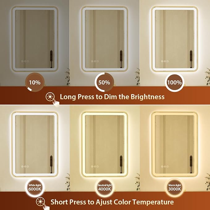 20x28 Inch Gold Framed LED Bathroom Mirror with Lights, Built-in Bluetooth Speaker, Dimmable Lighted Bathroom Vanity Mirror with 3 Colors, Backlit + Frontlit, Memory, Anti-Fog