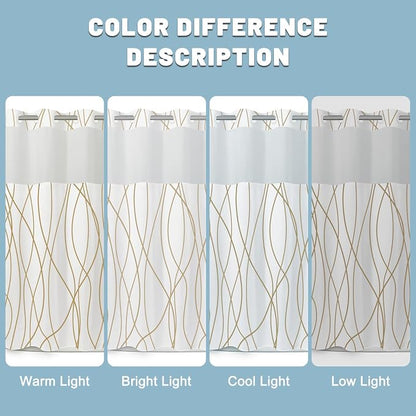 LXBNI No Hook Shower Curtain with Snap-in Liner, Waterproof & Washable Polyester Fabric, Abstract Line Pattern, Hotel Style Modern Shower Curtains for Bathroom, 71x80 Inches,Gold White