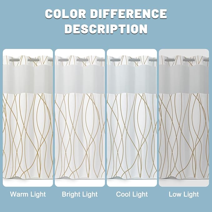 LXBNI No Hook Shower Curtain with Snap-in Liner, Waterproof & Washable Polyester Fabric, Abstract Line Pattern, Hotel Style Modern Shower Curtains for Bathroom, 71x77 Inches,Gold White