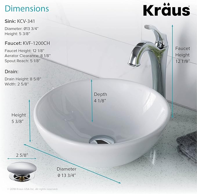 KRAUS Elavo 14-inch Round White Porcelain Ceramic Bathroom Vessel Sink and Arlo Faucet Combo Set with Pop-Up Drain, Chrome C-KCV-341-1200CH