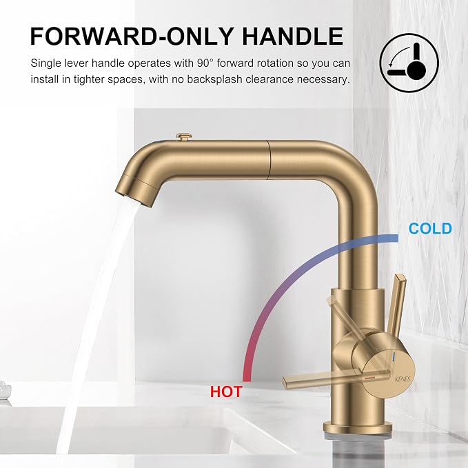 Champagne Bronze Pull Down Bathroom Faucet 1 Handle Vanity Faucet | Pull Out Bathroom Faucet with Pop Up Drain & 6 Inch Deck Plate, Lead-Free cUPC & NSF Certified, 1 Hole Faucet for Vanity RV