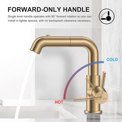 Champagne Bronze Pull Down Bathroom Faucet 1 Handle Vanity Faucet | Pull Out Bathroom Faucet with Pop Up Drain & 6 Inch Deck Plate, Lead-Free cUPC & NSF Certified, 1 Hole Faucet for Vanity RV