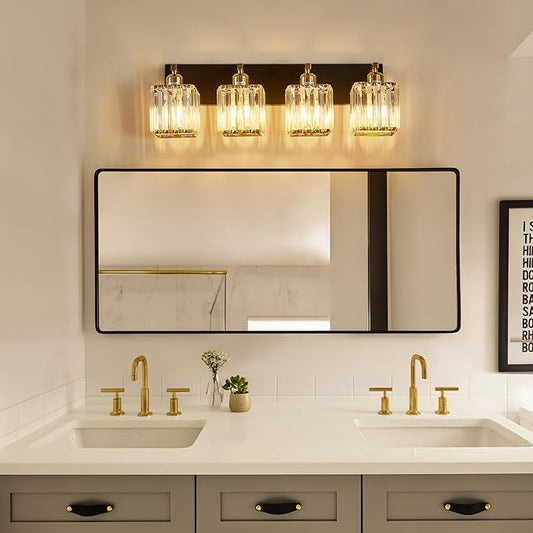 Modern Crystal Bathroom Vanity Light 4-Lights Modern Black Gold Crystal Bathroom Wall Light Over Mirror Vanity Light Fixtures