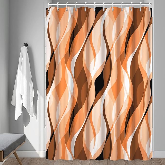 Orange Shower Curtain, Modern Abstract Burnt Orange Striped Shower Curtain Set for Bathroom Waterproof Polyester Shower Curtain with Hooks, 72x72 Inch