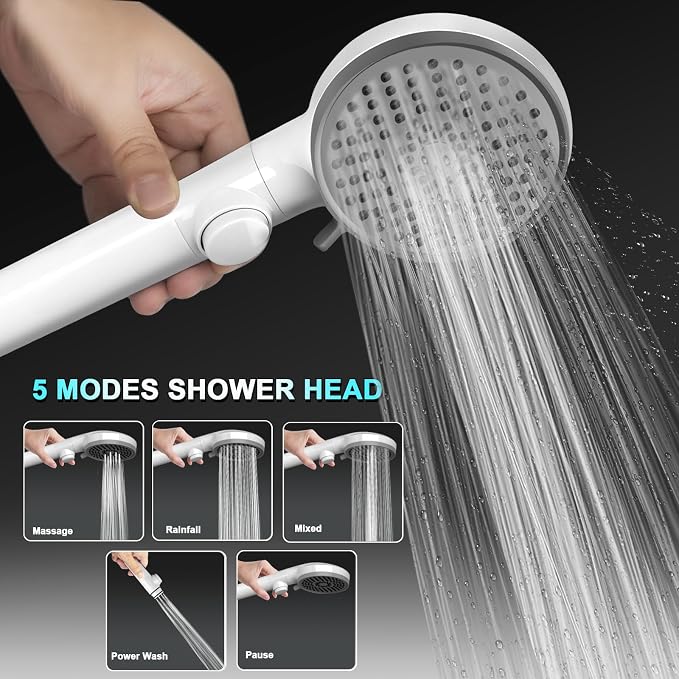 RV Shower Head with Hose, High Pressure 5 Mode Shower head Replacement, Showerheads for RV/Campers, Travel Trailer, Motorhome for Water Saving, Shower Head Holder and Hose, On Off Switch, White