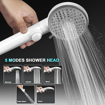 RV Shower Head with Hose, High Pressure 5 Mode Shower head Replacement, Showerheads for RV/Campers, Travel Trailer, Motorhome for Water Saving, Shower Head Holder and Hose, On Off Switch, White