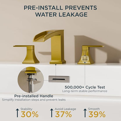 FORIOUS Roman Bathtub Faucet 3 Hole Deck Mount with 2 Handle Brushed Gold | Tub Faucet for 3-Hole Set, 6-12" Centered Distance, Widespread Garden Bath Tub, Waterfall Spout, High Flow, Brass
