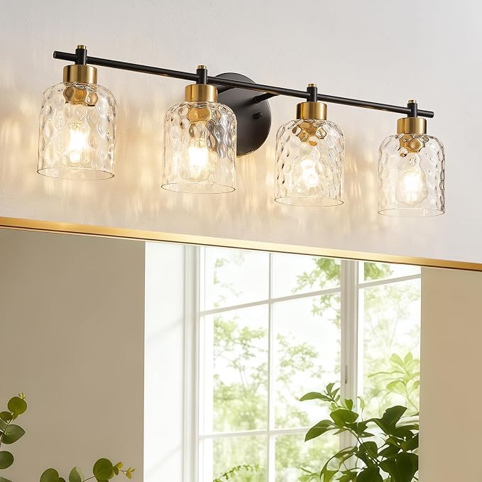 4 Light Black and Brass Bathroom Light Fixture with Hammered Glass Mirror | 30.7" Black and Gold Farmhouse Vanity Light, Vanity Lighting Fixtures, Rustic Vanity Lights for Bathroom Lights for Makeup