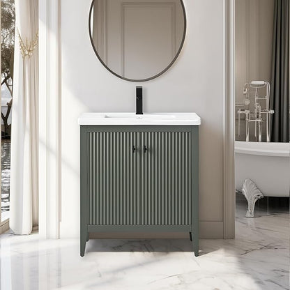 Vanity Art 30 inch Bathroom Vanity with Single Sink & Ceramic Top, Vanity Cabinet with Soft-Closing Door, Solid Wood Frame, Linear Pattern, Vintage Green, VA9130-VG-MB,Matte Black Handles