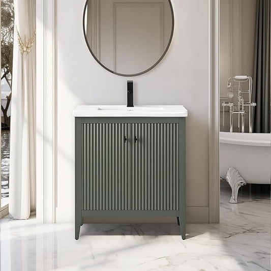 Vanity Art 30 inch Bathroom Vanity with Single Sink & Ceramic Top, Vanity Cabinet with Soft-Closing Door, Solid Wood Frame, Linear Pattern, Vintage Green, VA9130-VG-MB,Matte Black Handles