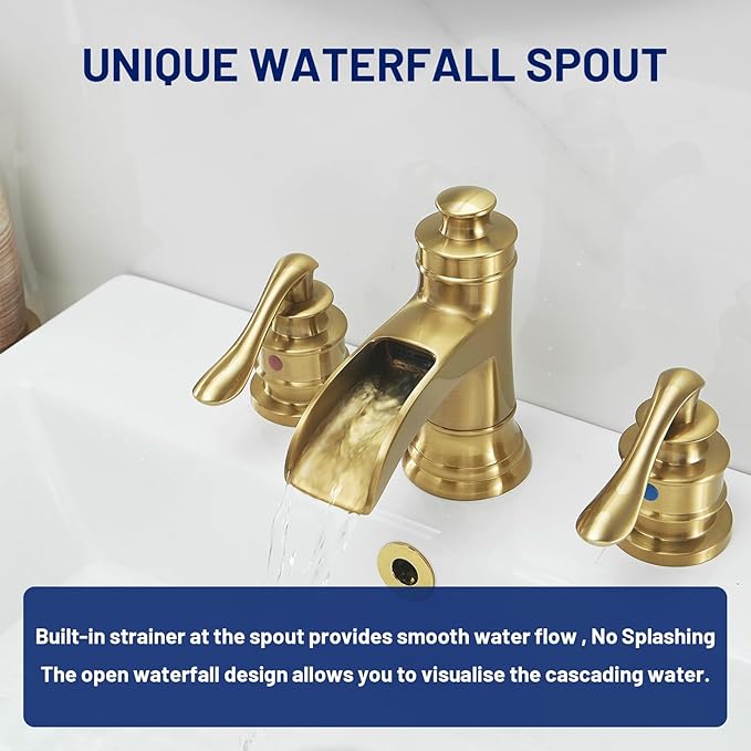 BWE Widespread Bathroom Faucet 3 Hole Brushed Gold Bathroom Sink Faucet 8 Inch Two Handles Vanity Faucet with Pop Up Drain Assembly and Supply Hose