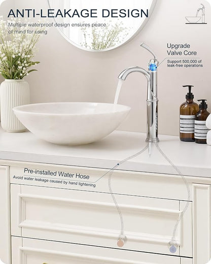 Brass Vessel Faucet 1 Hole, Chrome Tall Bathroom Faucets for Vessel Sinks with 1 Handle, Pop Up Drain, cUPC Water Supply Line & Arched Spout Aerator for Countertop Sink, 5 Mins Quick Install