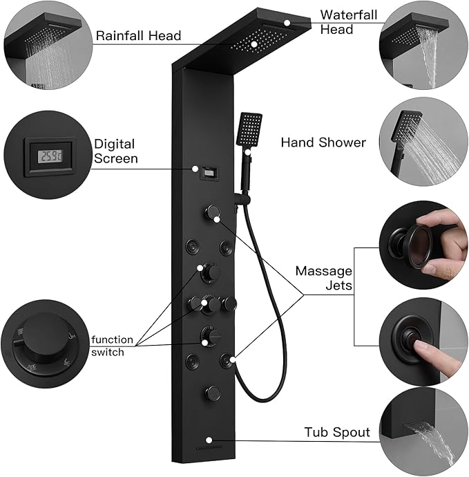 Shower Panel Tower System, Stainless Steel Multi-Function Shower Panel, Shower Tower with 5 Body Jets Handheld Shower Wand Tub Spout and Rainfall Head Temperature Display, Black
