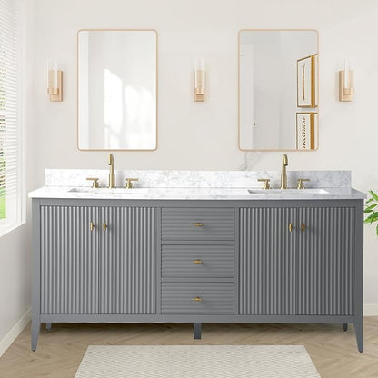 HOMEBEYOND 72" Bathroom Vanity with Double Sink, Solid Wood Bathroom Vanity Free-Standing Cabinet, Ceramic Top & Soft Closing Door, Golden Brushed Handware, Cashmere Gray