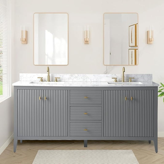 HOMEBEYOND 72" Bathroom Vanity with Double Sink, Solid Wood Bathroom Vanity Free-Standing Cabinet, Ceramic Top & Soft Closing Door, Golden Brushed Handware, Cashmere Gray