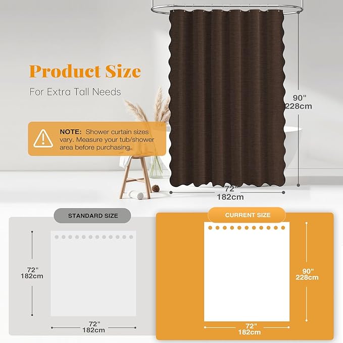 BTTN Extra Long Shower Curtain, 72x90 Boho Scalloped Linen Textured Heavy Duty Fabric Shower Curtain Set with Plastic Hooks, Large Vintage Farmhouse Waterproof Cloth Shower Curtain for Bathroom, Brown