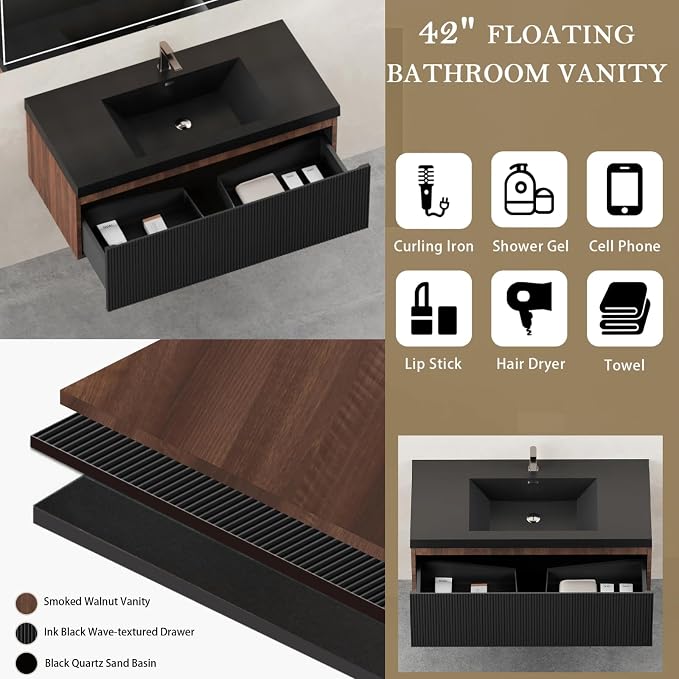 Floating Bathroom Vanity, 42" Wall Mounted Bathroom Cabinet with Matte Black Quartz Sand Sink & U-Shaped Soft-Close Drawer, Pre-Assembled Striped Storage Vanity for Bathroom, Walnut&Black