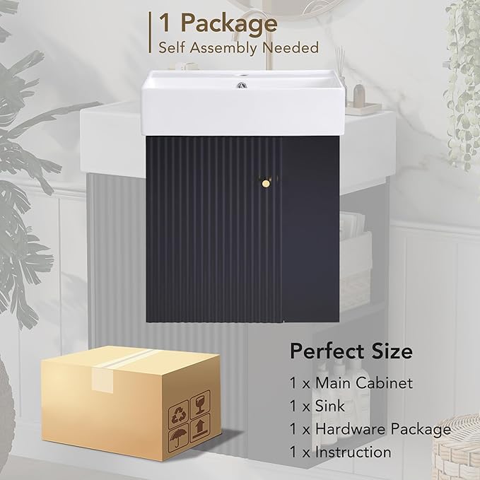 Merax 20" Bathroom Vanities with Sink Top, Wall Mounted Floating Sink Cabinet, Bathroom Cabinet with Doors & Side Storage, Soft-Close System, Black