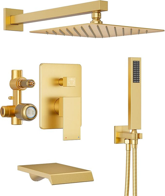 Gold Shower System with Tub Spout, All Metal Tub Shower Faucet Set with 12“ Rain Shower Head and Handheld Spray combo, Wall Mounted Tub Shower System with valve and Trim kit,Brushed Gold