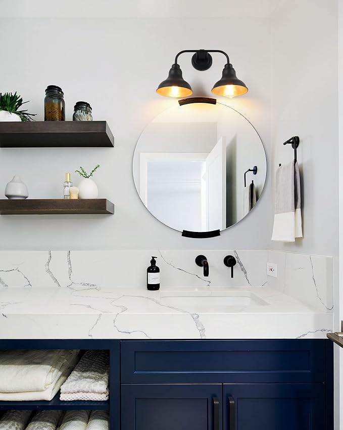18-Inch 2-Light Farmhouse Bathroom Vanity Light Over Mirror, Black | Rustic industrial style, metal construction, 2 E26 sockets, 60W max each, dimmable, 7.08 in. shades, bathroom mirror, bedroom