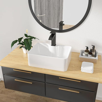 16"x12" Rectangle Bathroom Vessel Sink with Faucet Combo Porcelain Ceramic White Vanity Sink Above Counter Modern Sink with Faucet Hole for Lavatory, Hotel Art Basin, Home Washing Basin
