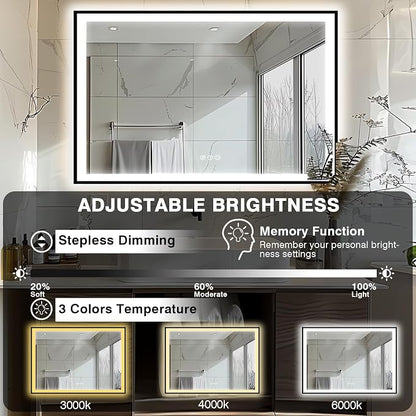 EchosLife 55x40 Bathroom Mirror with LED Lights - Black Framed | Black Frame, Front and Backlit, Anti-Fog, Stepless Dimmable, 3 Colors, Memory, Tempered Glass, UL Listed, Horizontal/Vertical