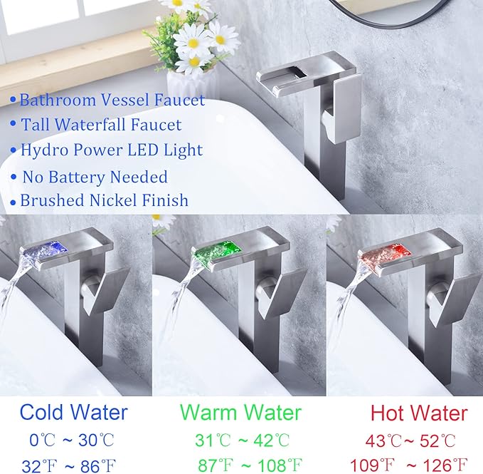 LED Waterfall Bathroom Sink Faucet, 3 Colors Spout Faucet with Water Supply Hose, Single Handle Single Hole Slanted Body Brass Mixer Vanity Sink Tap (Brushed Nickel)