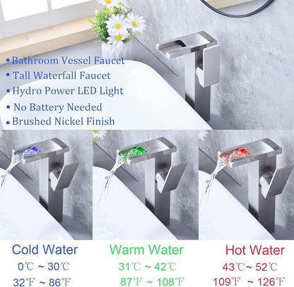 LED Waterfall Bathroom Sink Faucet, 3 Colors Spout Faucet with Water Supply Hose, Single Handle Single Hole Slanted Body Brass Mixer Vanity Sink Tap (Brushed Nickel)