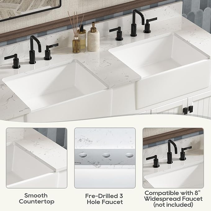 60 Inch Bathroom Vanity with Double Sink, Farmhouse Bathroom Vanity Cabinet with Soft Closing Doors & Dovetail Drawers, Vanity for Bathroom, Adjustable Feets, Apron Farm Sink, White