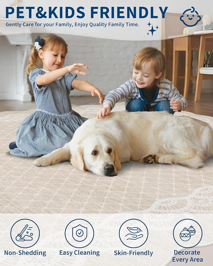 GarveeHome Hallway Rug 2x6 Scalloped Kitchen Runner Rug, Non-Slip Modern Bordered Bedside Rug, Non-Shedding Scalloped Carpet Runner for Laundry Room, Bedroom, Living Room, Beige