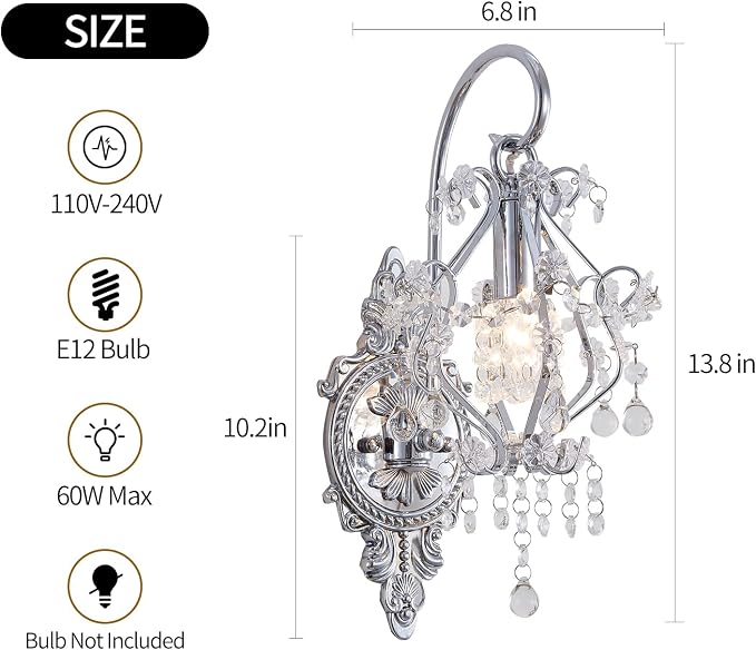 Fetason Indoor Hardwired Silver Crystal Vintage Wall Sconces Light Set of 2 | Modern Wall Mounted Lamp Light Fixture for Bedroom Living Room Bathroom Vanity Light Hallway Light Fixture Decor LED E12