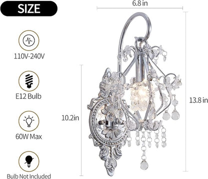 Fetason Indoor Hardwired Silver Crystal Vintage Wall Sconces Light Set of 2 | Modern Wall Mounted Lamp Light Fixture for Bedroom Living Room Bathroom Vanity Light Hallway Light Fixture Decor LED E12